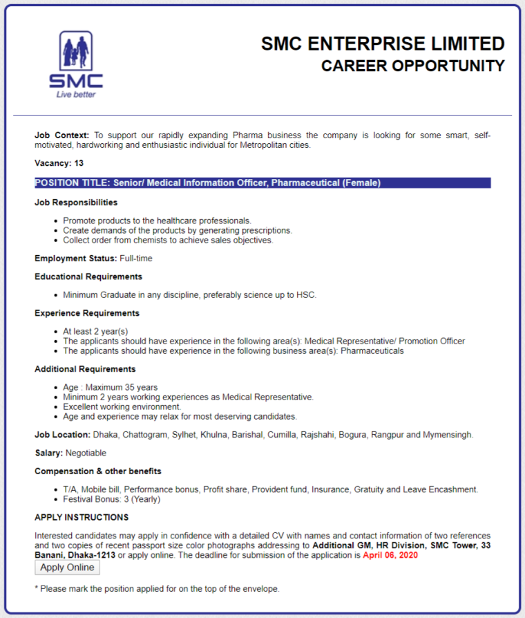 SMC Enterprise Ltd Job circular